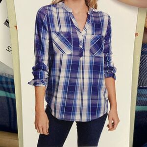 Blue Flannel Half Button-Up Top